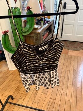 Anthro Black and Cream Crochet-Detail Spaghetti Strap Top - Women